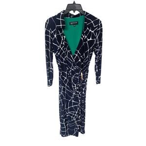 Jones New York Faux Wrap Dress Size 6 Navy Knee Length Slinky Knit 3/4 Sleeves